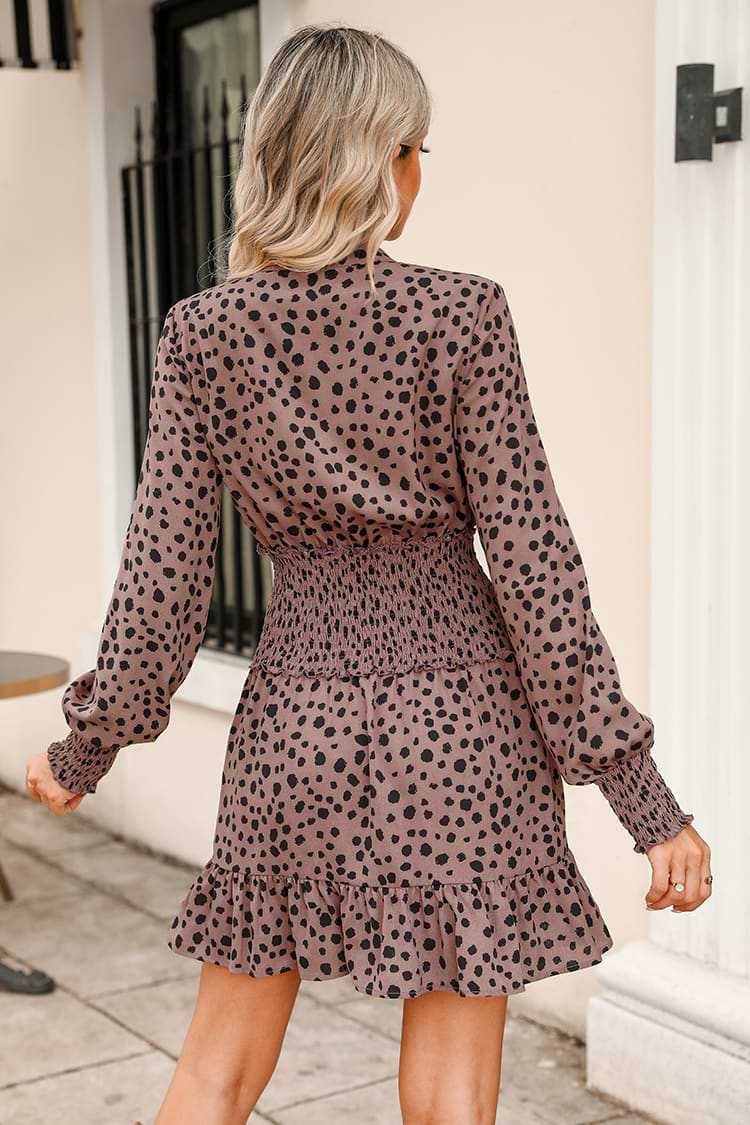 Long Sleeve Cheetah Print Smocked Mini Dress