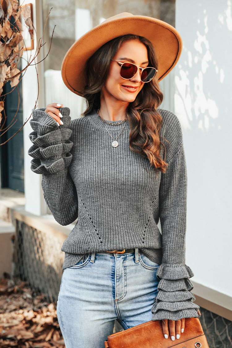 Volant Gehäkelter Strickpullover mit Rüschenbesastz