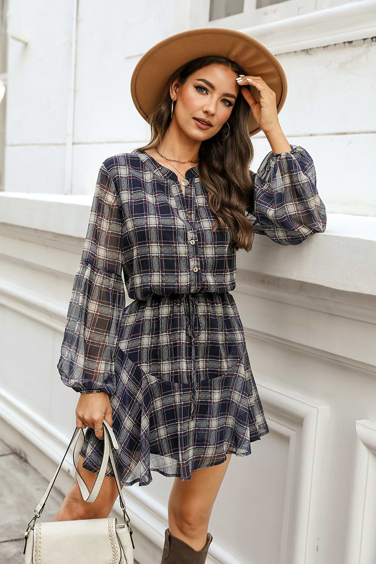 Arlie Plaid Drawstring Mini Dress