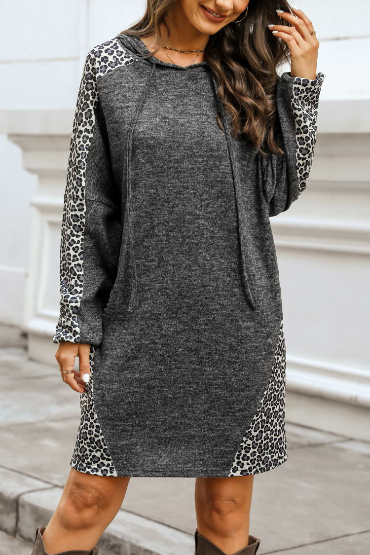 Glenna Leopard Print Drawstring Hoodie Dress