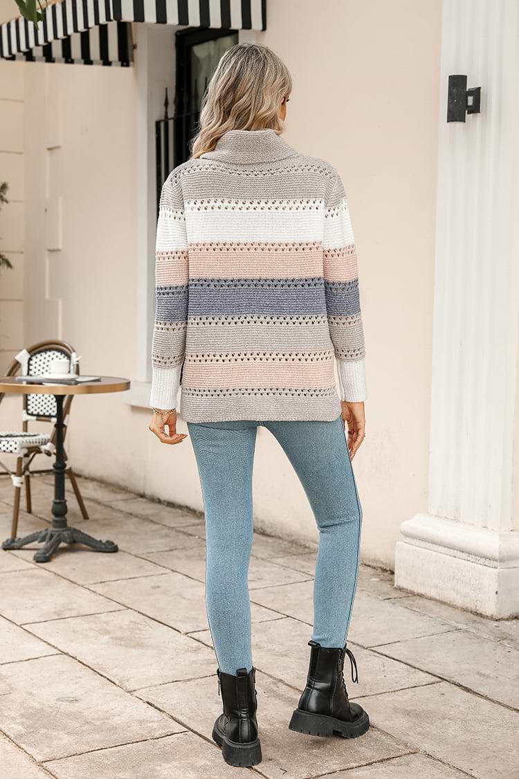 Dacia Striped Buttoned Turtleneck Sweater