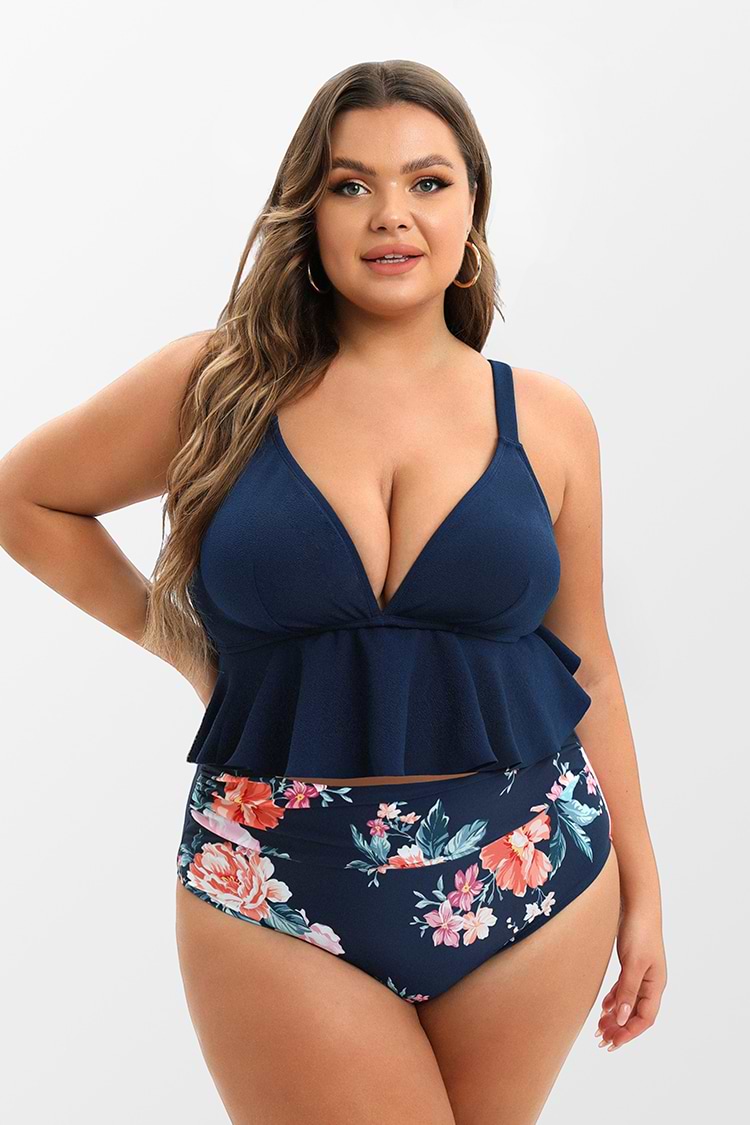 Tankini con volantes y cuello en V y cintura alta con estampado floral de talla grande
