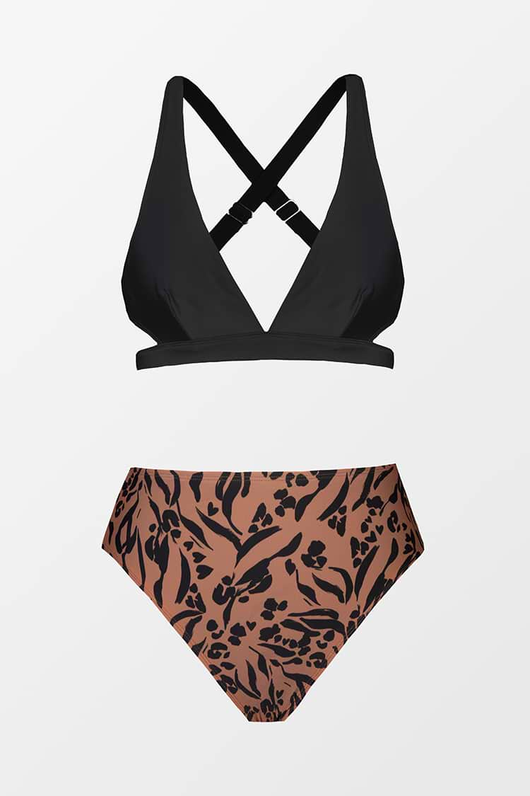 Conjunto de bikini de talle alto con estampado de leopardo y top con abertura en la espalda cruzada