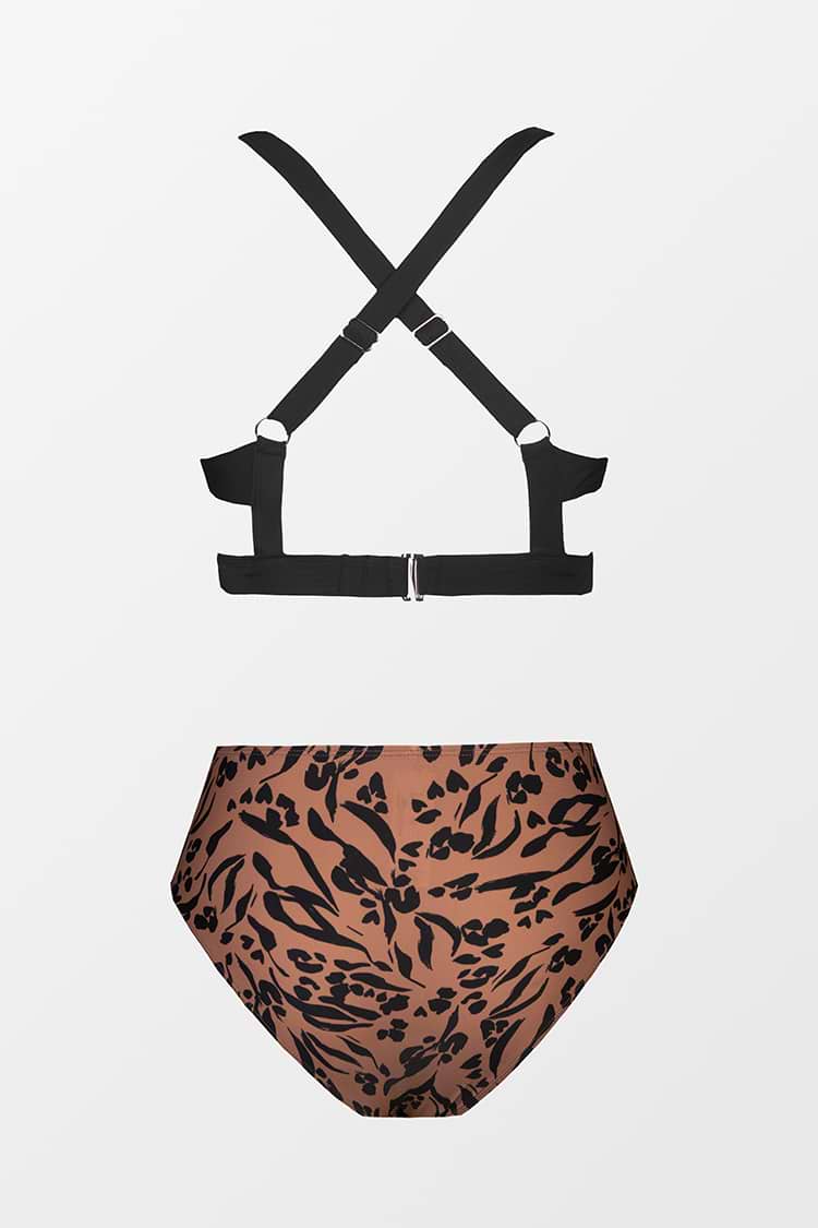 Conjunto de bikini de talle alto con estampado de leopardo y top con abertura en la espalda cruzada