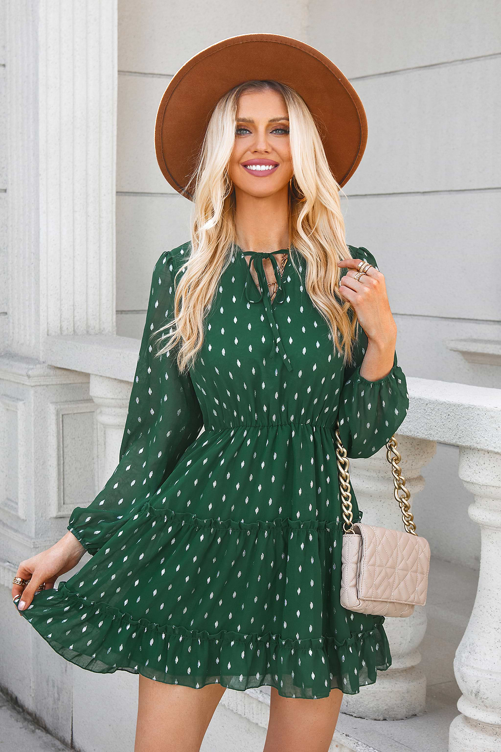 Take Me Out Speckled Print Tie Neck Dress
