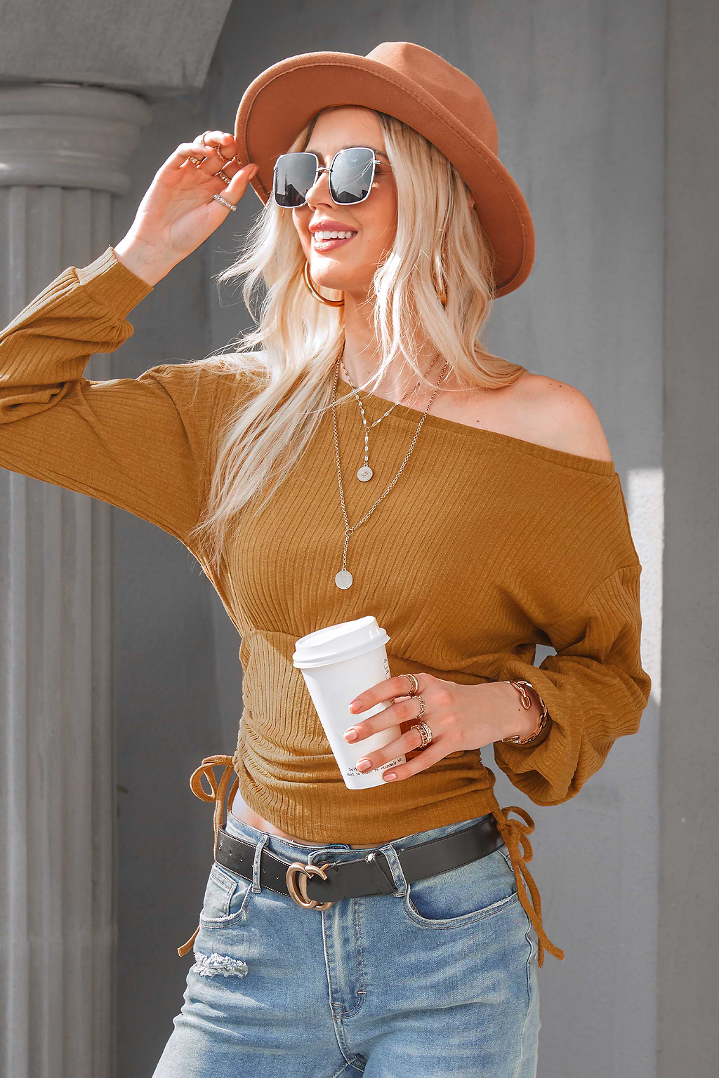 Firework Ribbed Ruched Drawstring Top