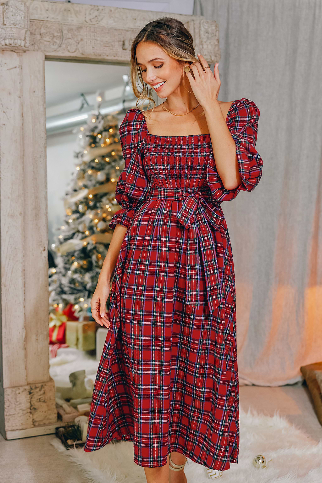 Belted Tartan Plaid Maxi Dress