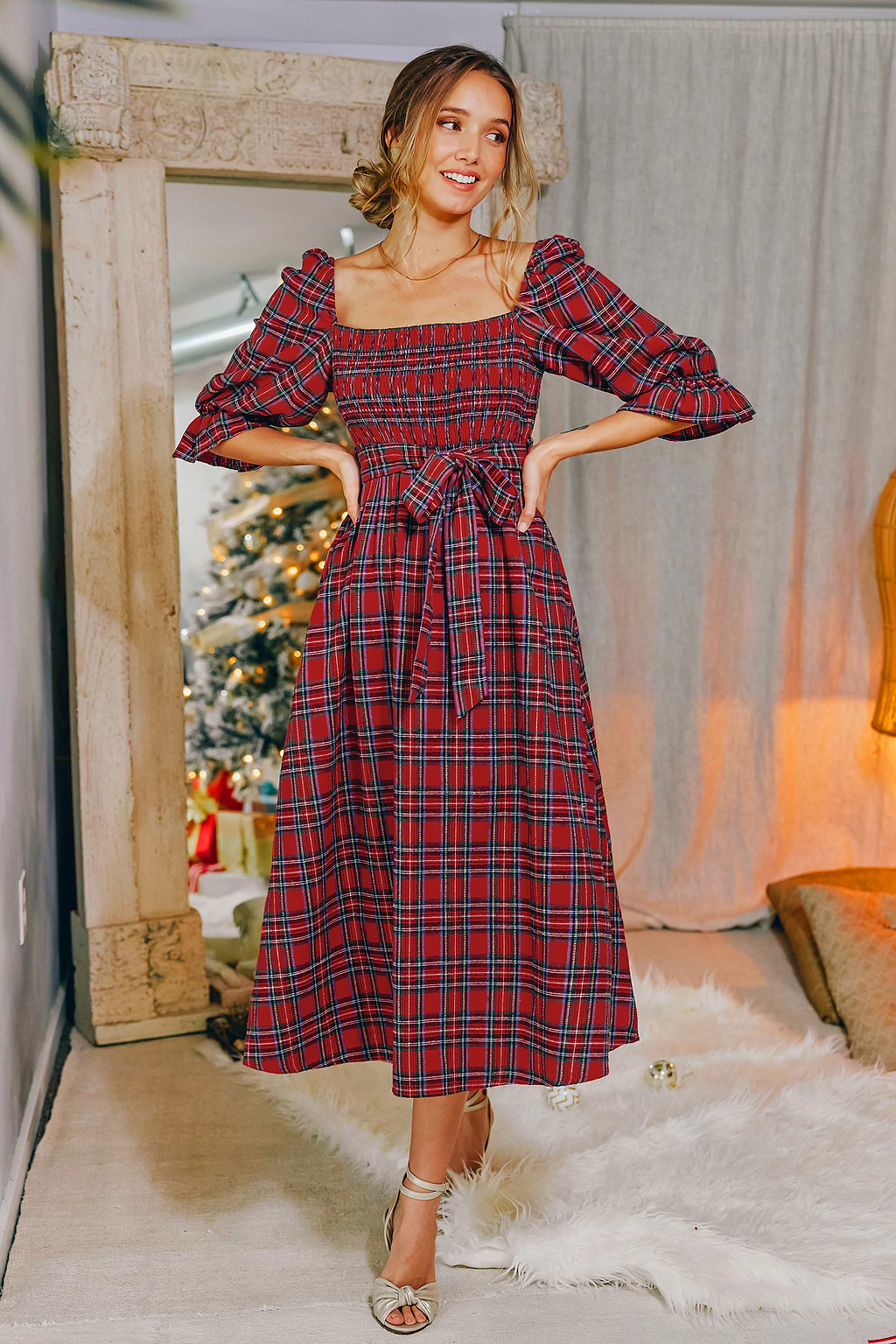 Belted Tartan Plaid Maxi Dress