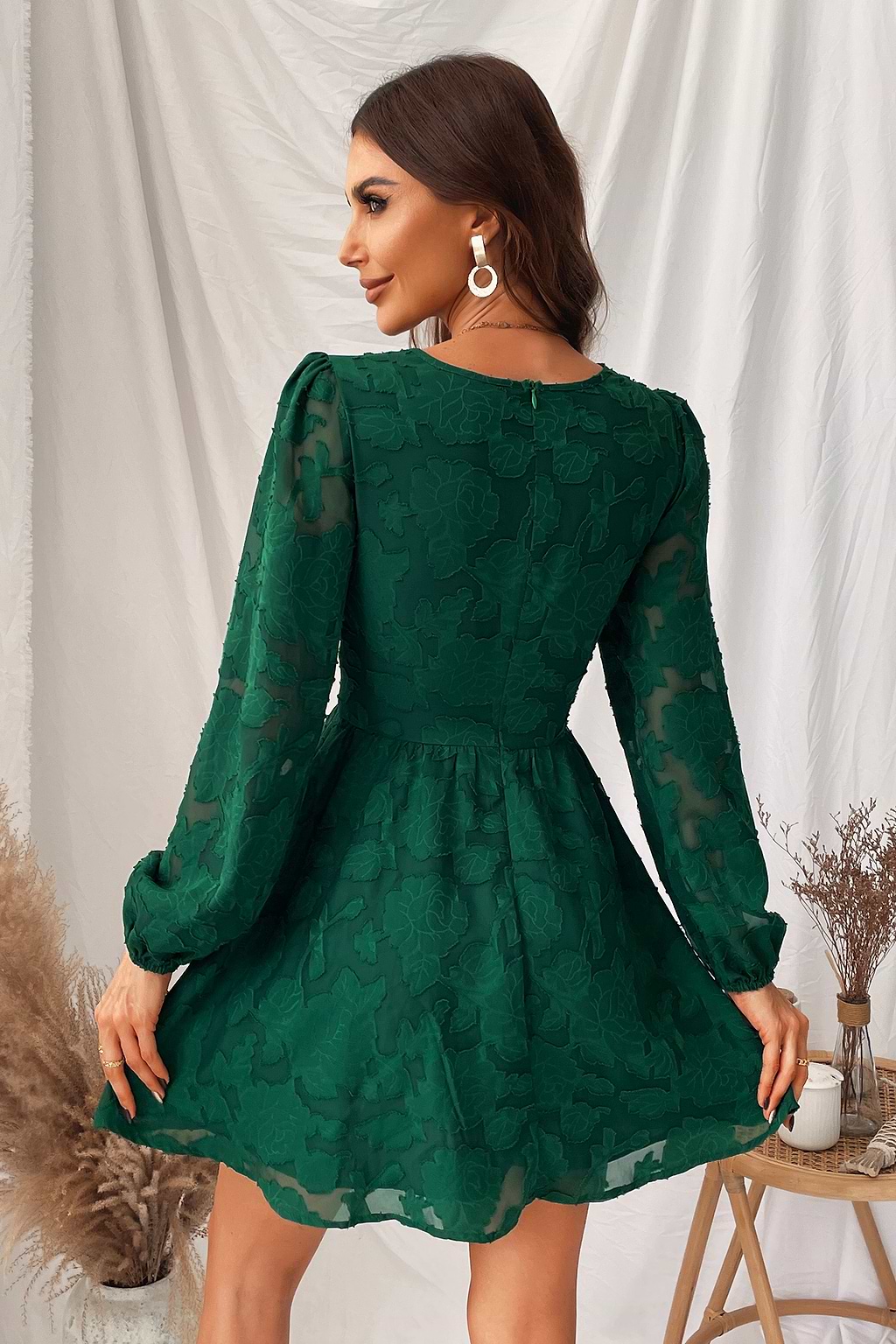 Citlalli Floral Plunging Long Sleeve A-Line Mini Dress