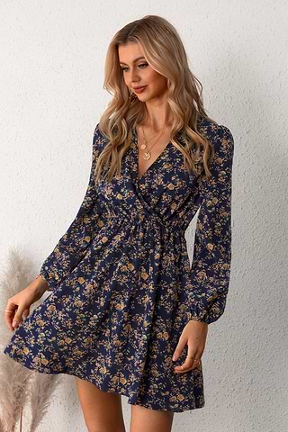 Long Sleeve Ditsy Floral Peasant Mini Dress-Cupshe NZ