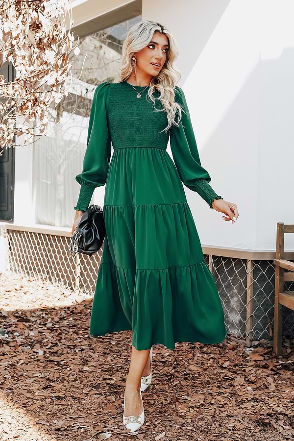 chinese dress ladies SQUARE NECK LONG PUFF SLEEVE SMOCKED FLORAL DRESS