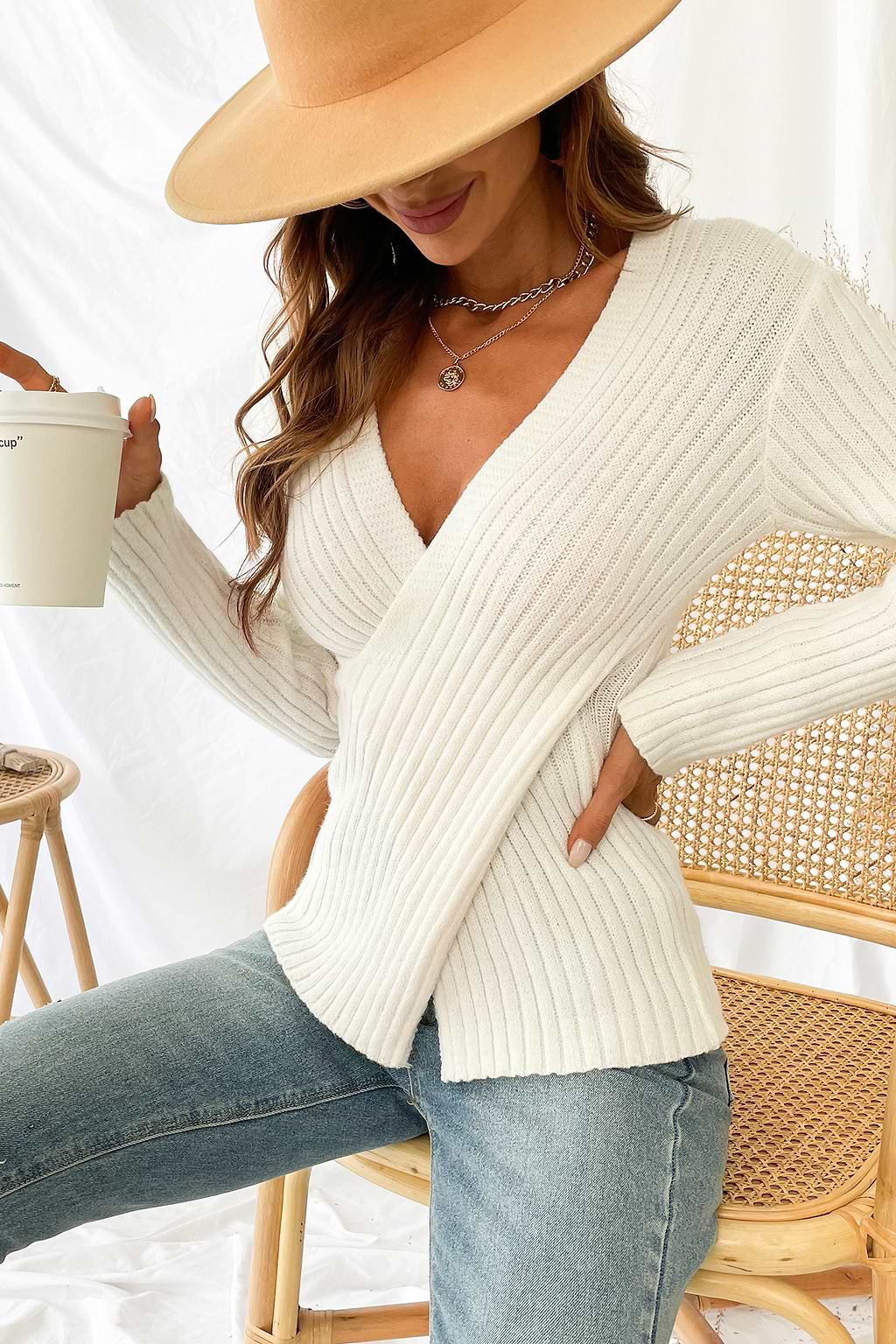 Morning Coffee Ribbed Surplice Wrap Sweater