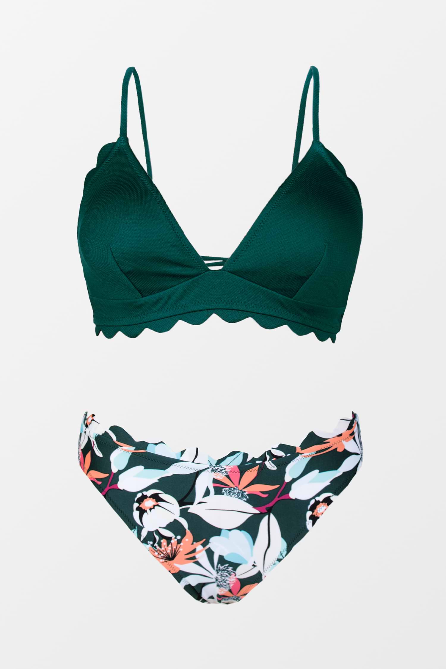 Green Scalloped Edge V-Neck Printed Bottom Bikini