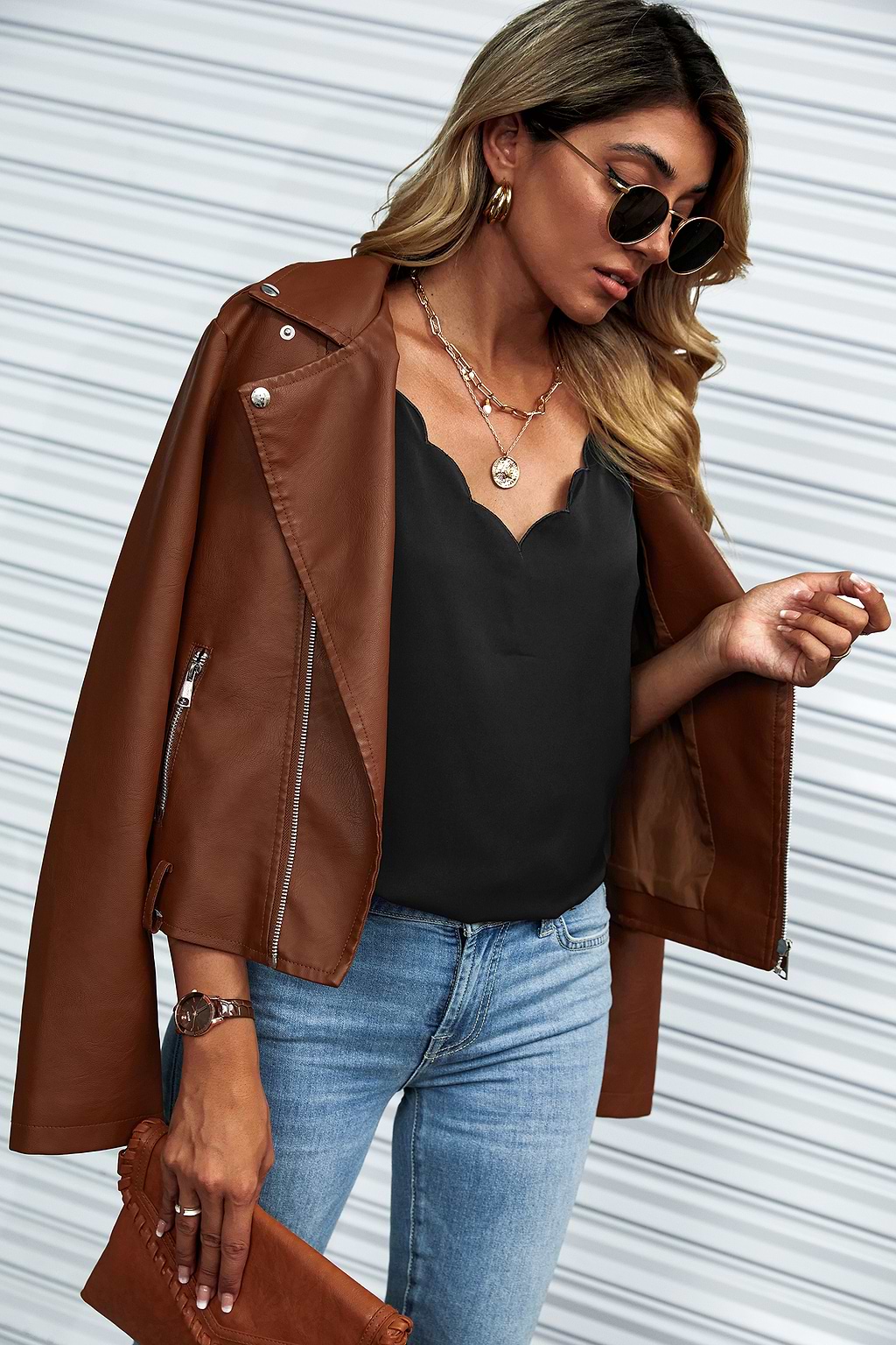 Long Sleeve Black V-Neck Scalloped Top