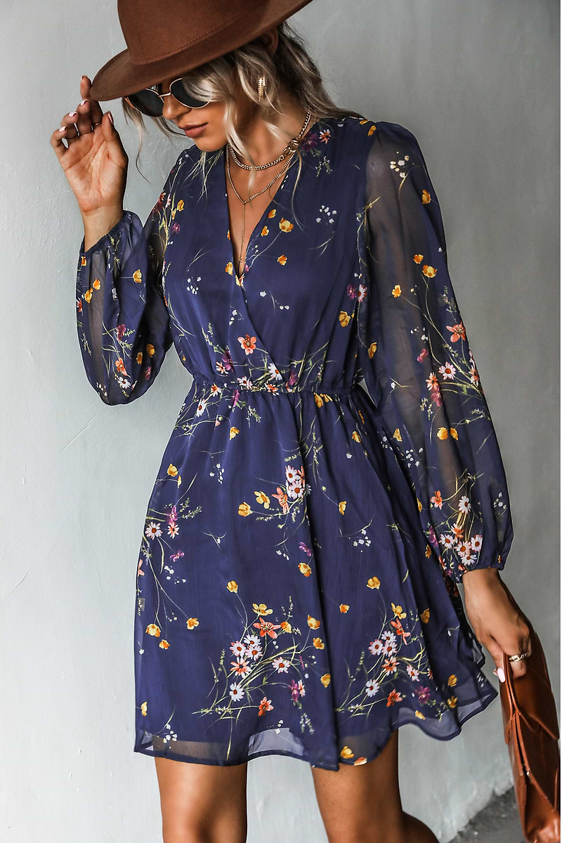 Realm Of Sky Floral Print Chiffon A-Line Mini Dress