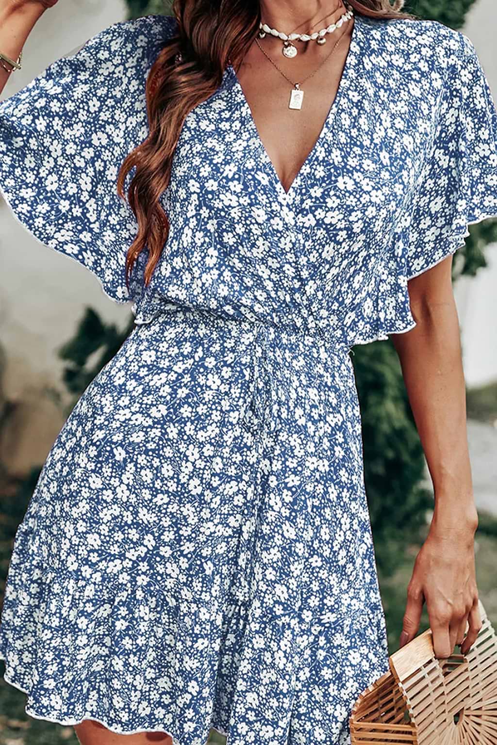 Ditsy Floral Surplice Flared Sleeve Mini Dress
