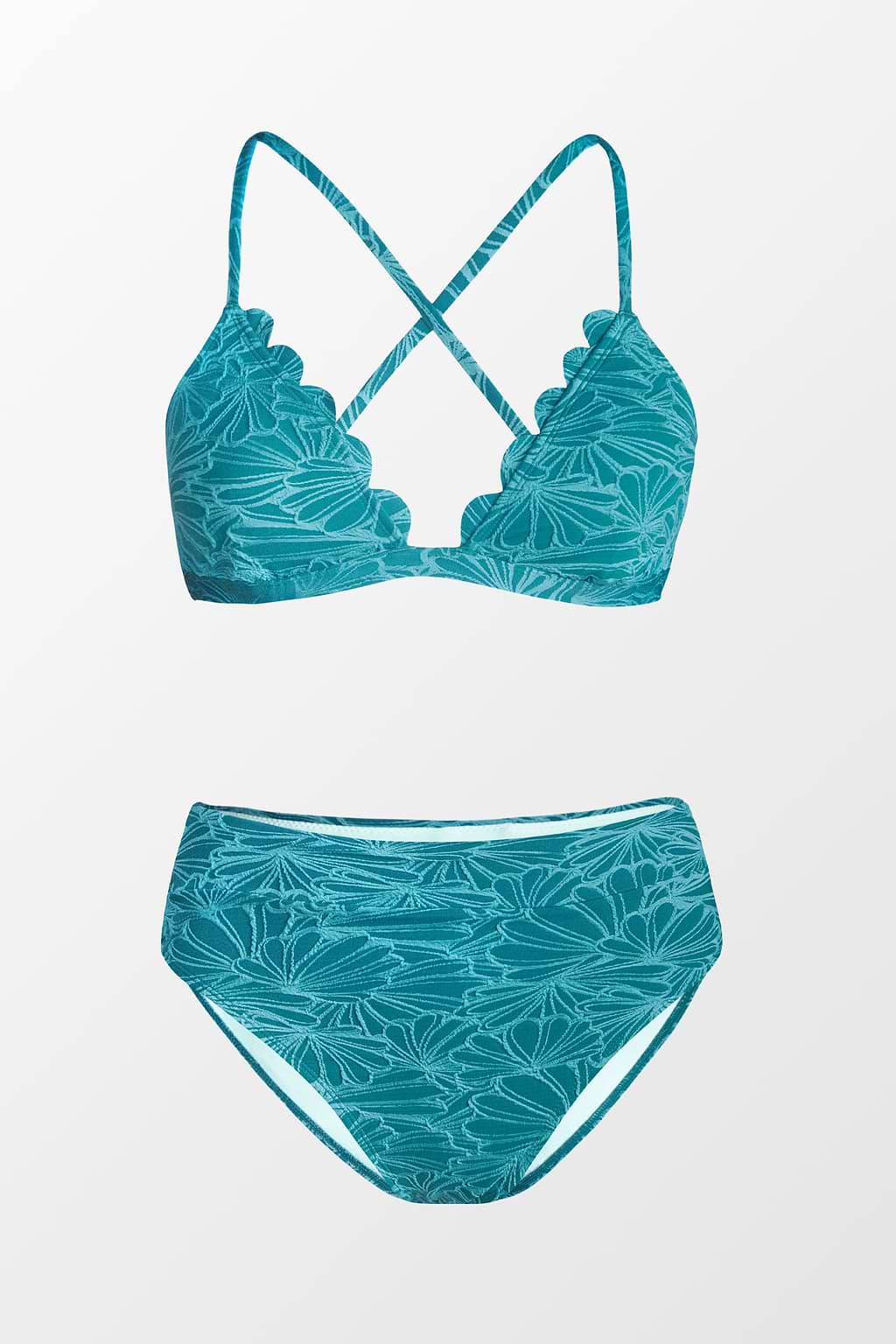 Floral Texture Scalloped Bralette And Cheeky High Waist Bikini Swimsuit