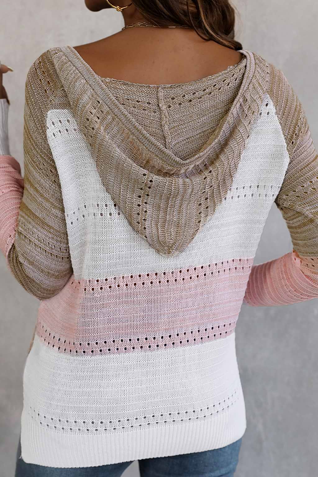 Sweet Tea Striped Open-Knit Long Sleeve Hooded Pullover