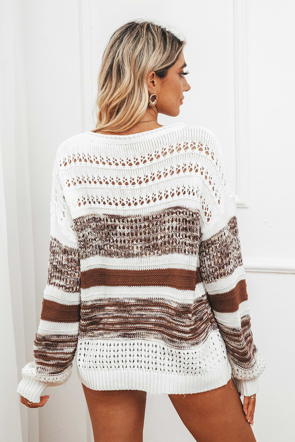 Pull rayé à manches tombantes en pointelle