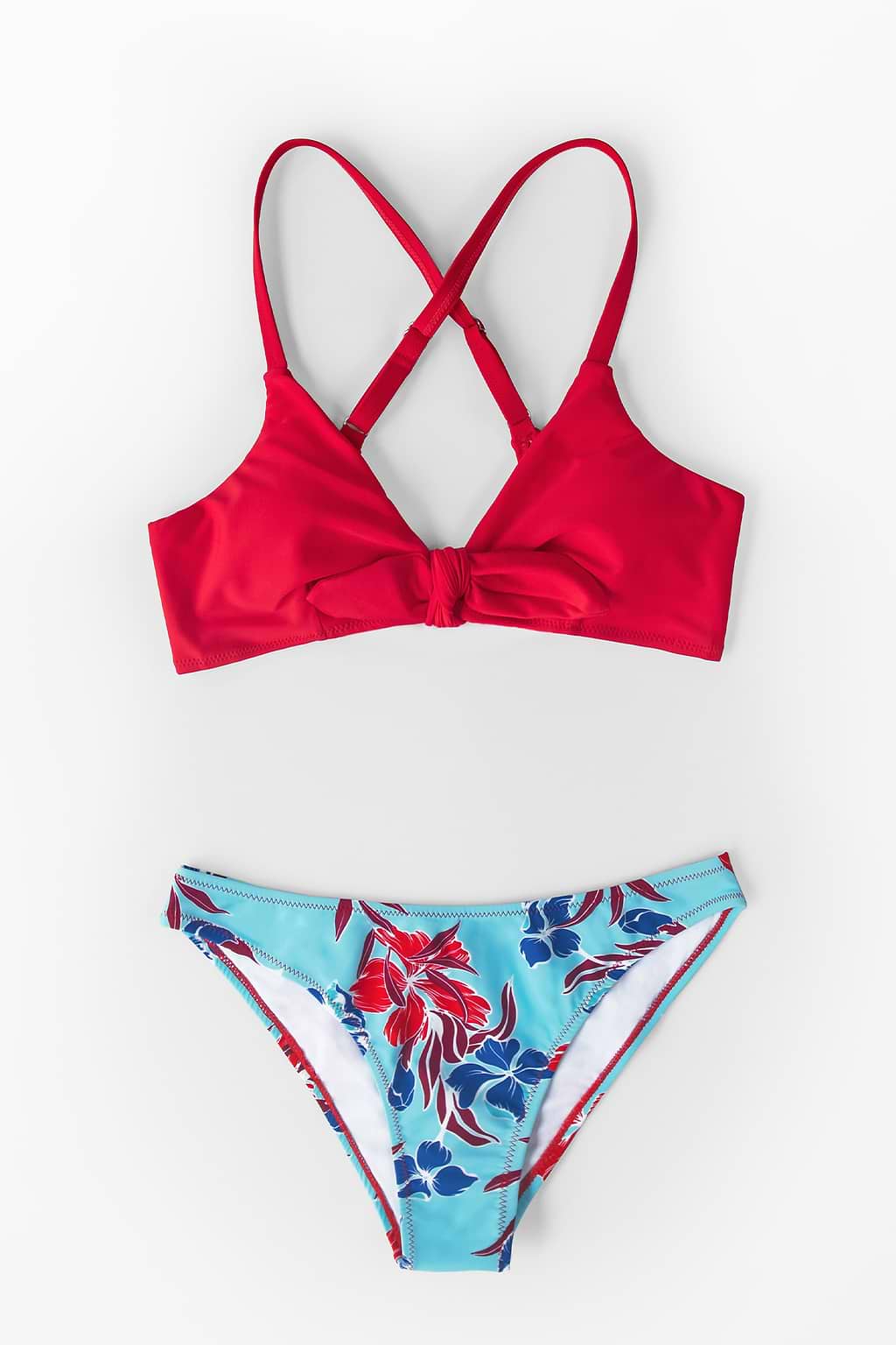 Red and Floral Print Low Waisted Bikini Swimsuit