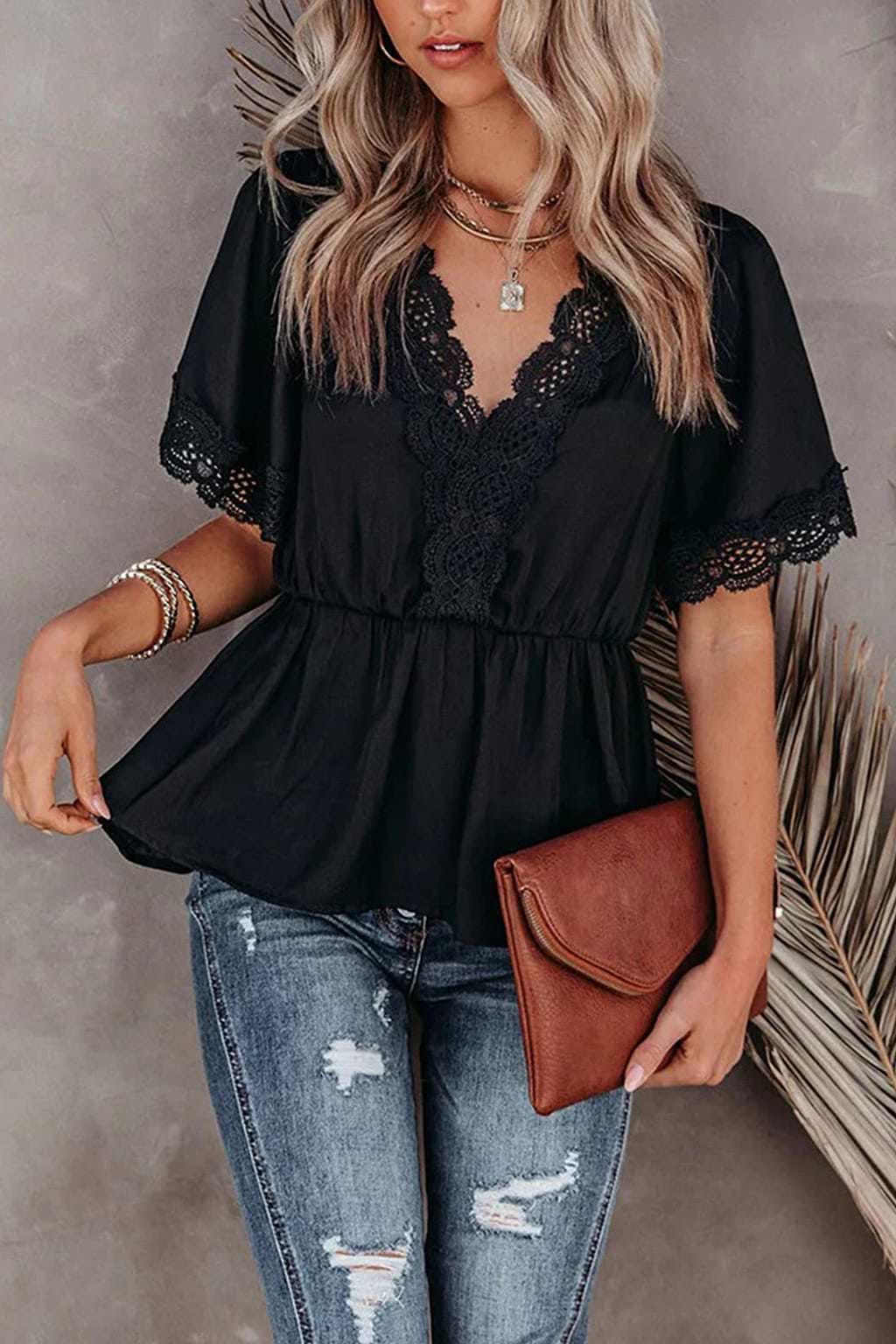 Flared Sleeve V-neck Lace Trims Top