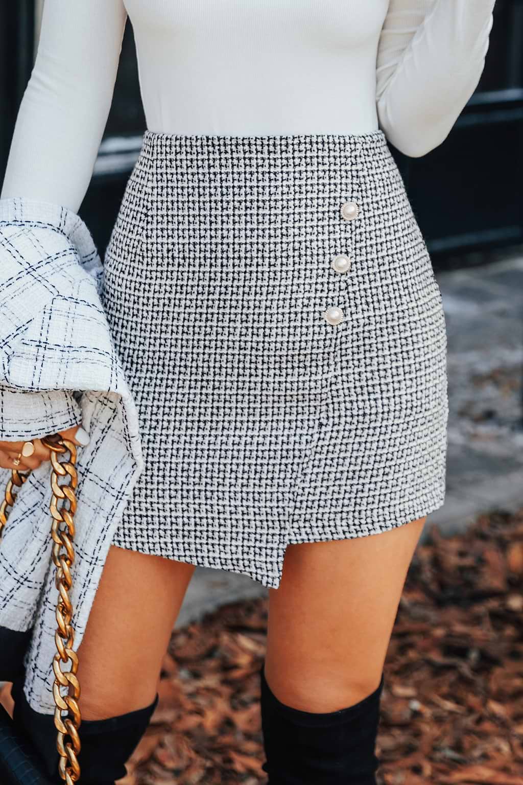 Ainsley Tweed Faux Pearl Mini Skirt