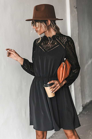 lace-trim mini dress in black product info and reviews Tayna Black Lace Mesh Mini Dress - US 12