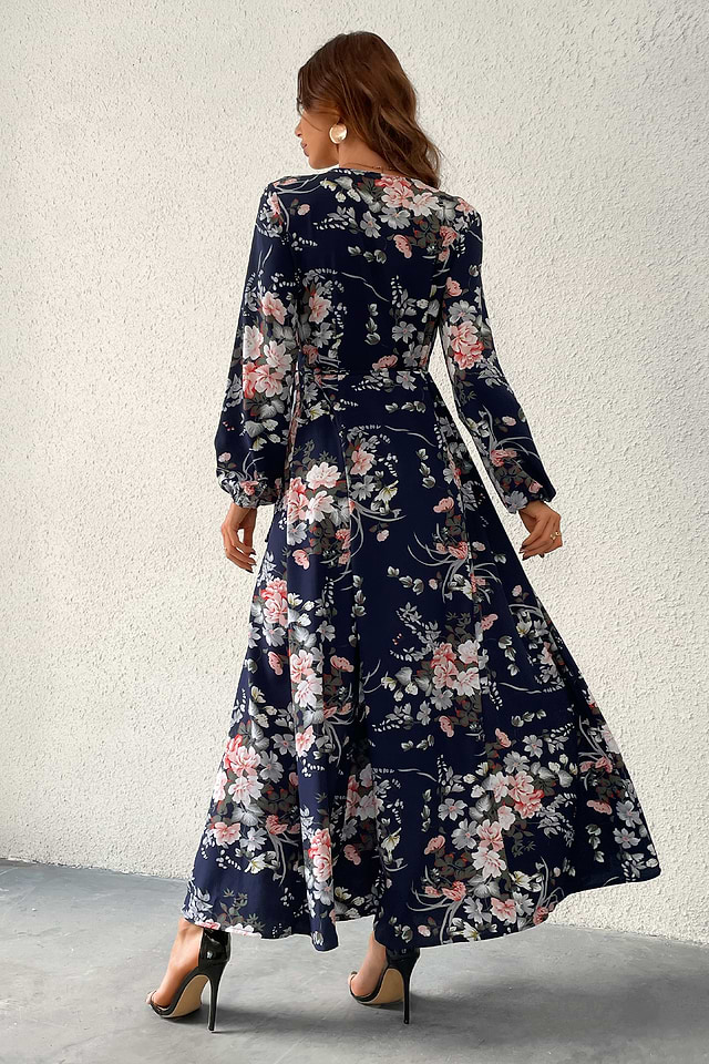 chinese dress ladies SOMTHRON Women's Elegant Pleated Maxi Dress Belted Wrap V Neck Long Sleeve  Solid High Waist A Line Flowy Long Dresses BL-S Black at Amazon Women's  Clothing store