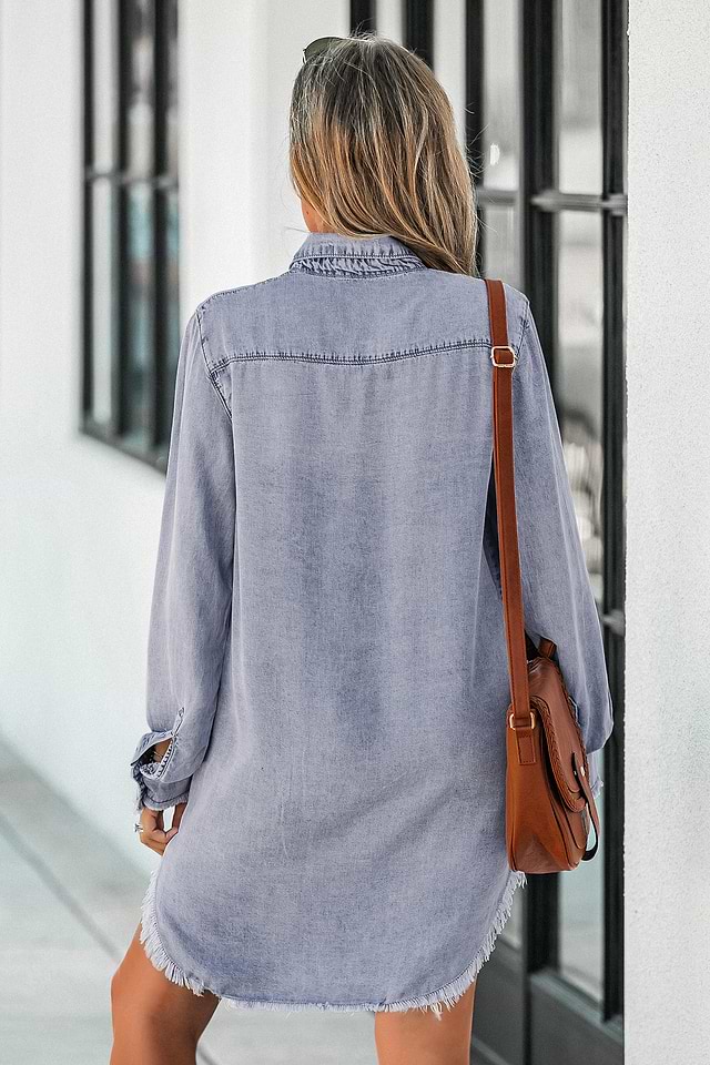 frayed denim shirt dress Quince Women's Distressed Denim Shirt Dress In Blue