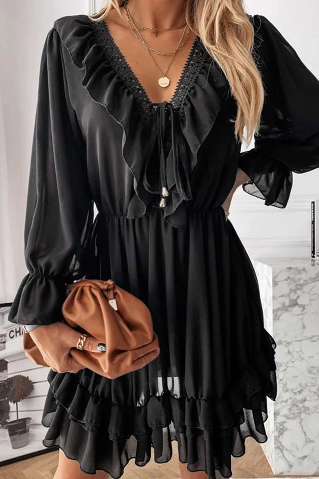 Eva Ruffled Tie Front V-Neck Dress