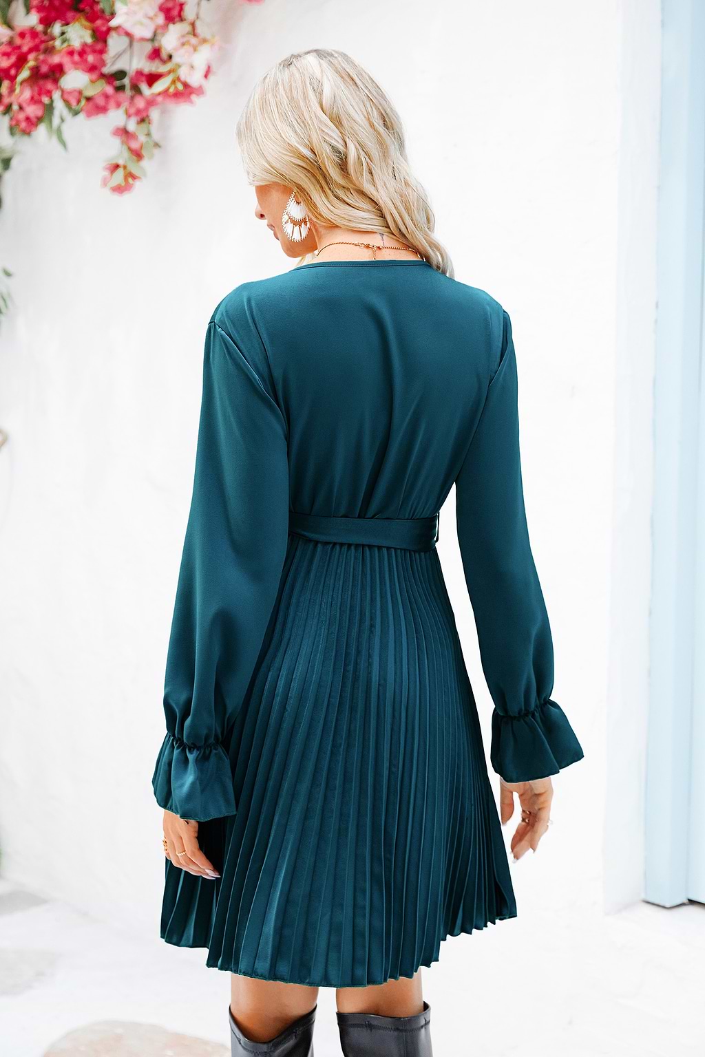 Raelynn Belted Pleated Satin Dress