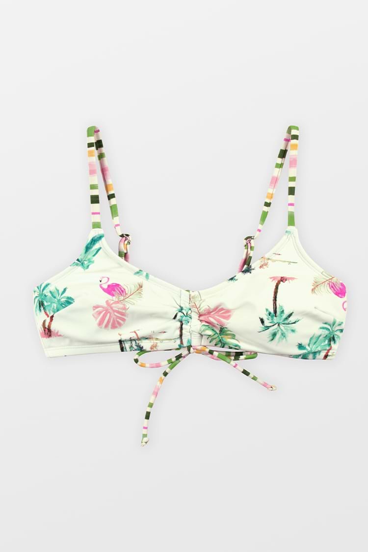 Bralette-Bikinioberteil mit Flamingo-Palmenmuster und geraffter Vorderseite