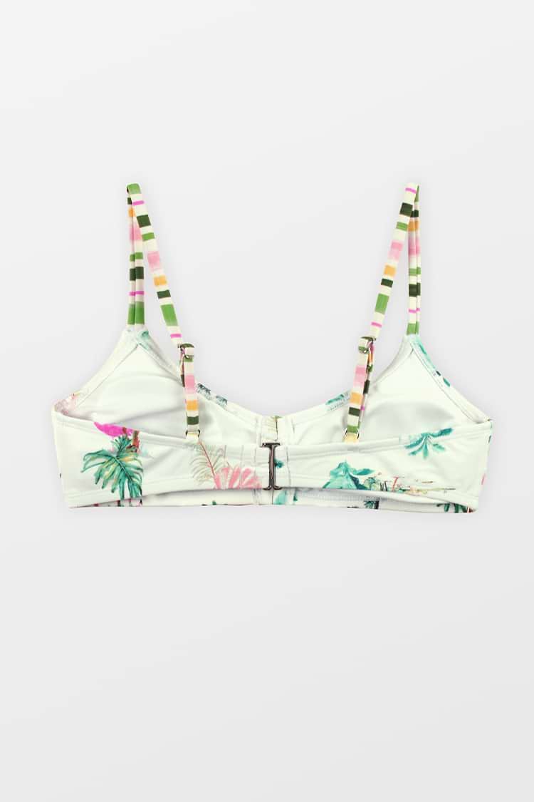 Bralette-Bikinioberteil mit Flamingo-Palmenmuster und geraffter Vorderseite