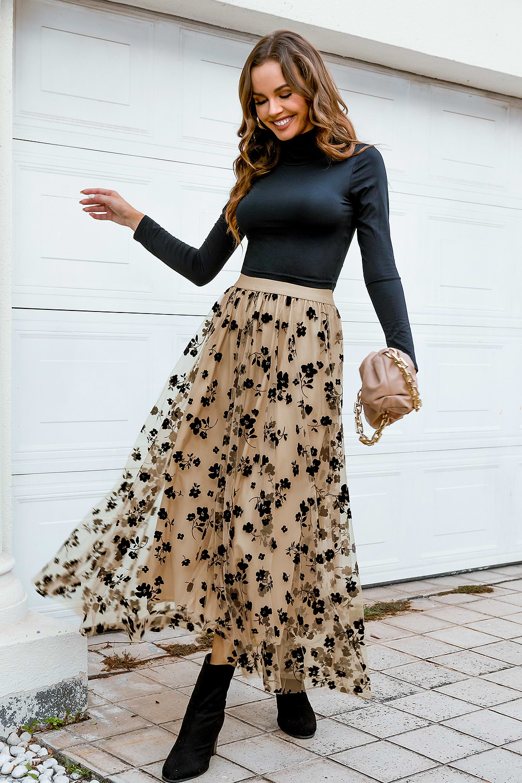 Lands End Floral Print Tulle Maxi Skirt