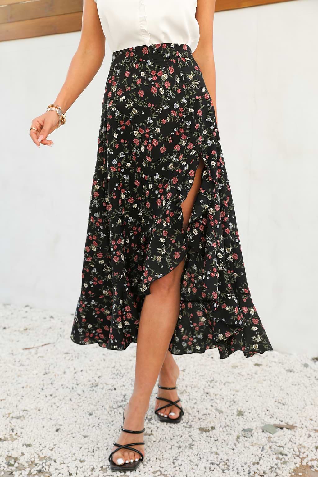 Hayden Belted Ditsy Floral Midi Skirt