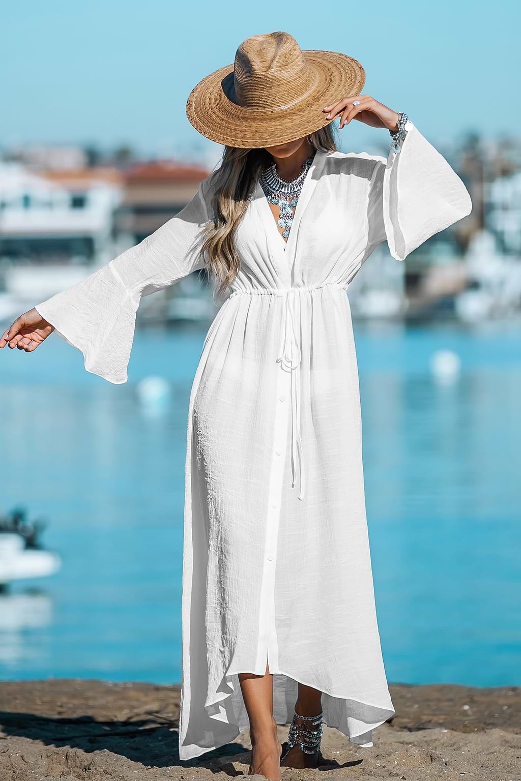Alanis Plunge Drawstring Swim Cover-Up Dress
