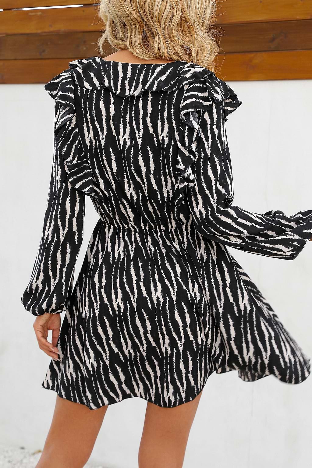 Long Sleeve Zebra Print Ruffled Midi Dress