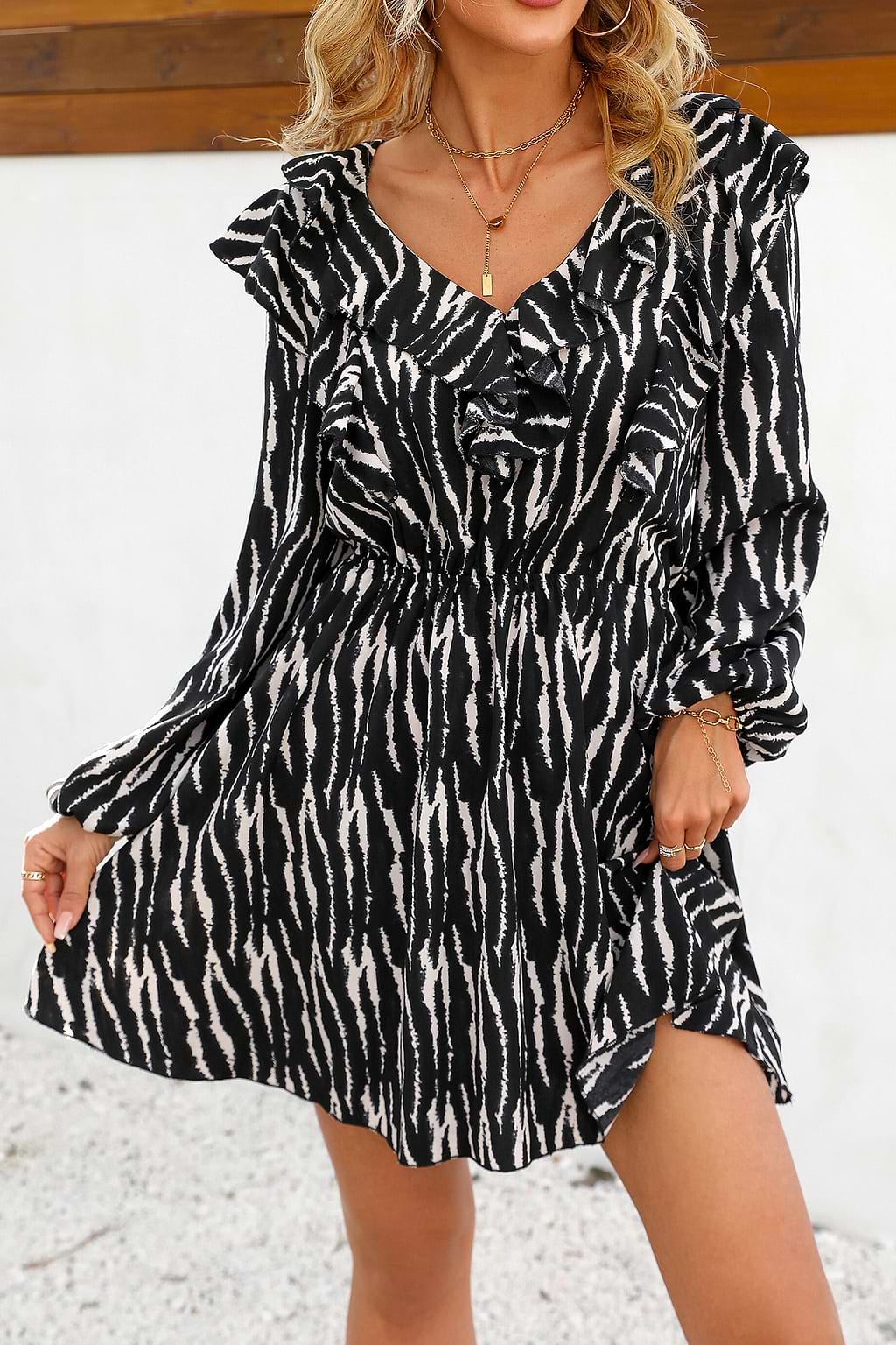 Long Sleeve Zebra Print Ruffled Midi Dress