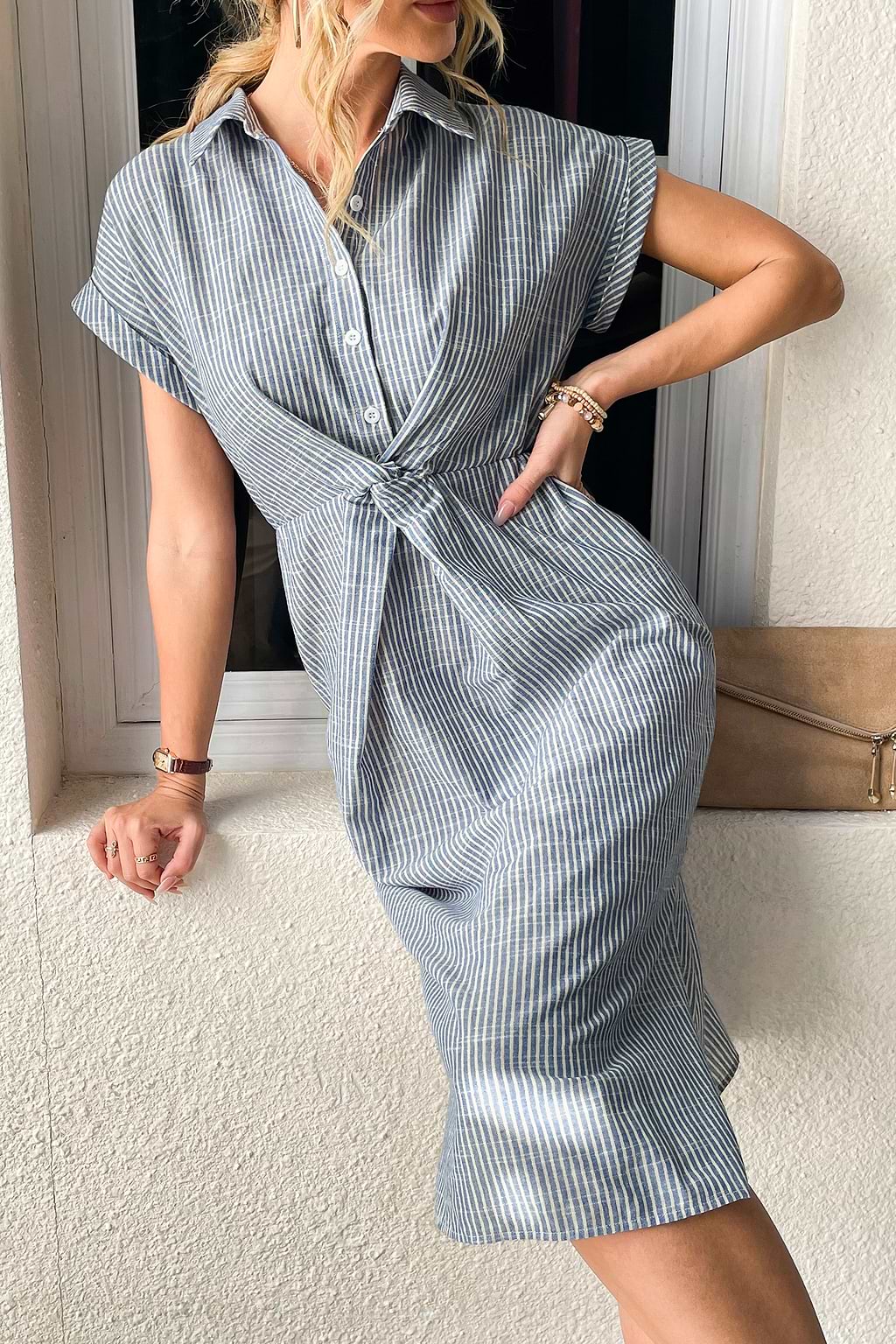 Good Time Striped Twist-Front Midi Shirt Dress