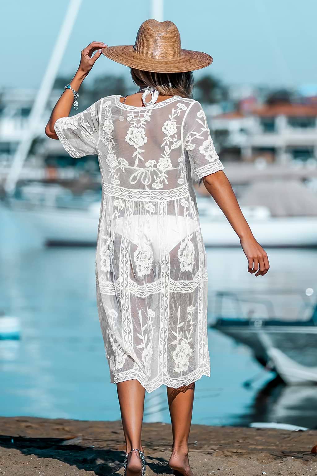 Neilie Floral Lace Sheer Swim Cover-Up Dress