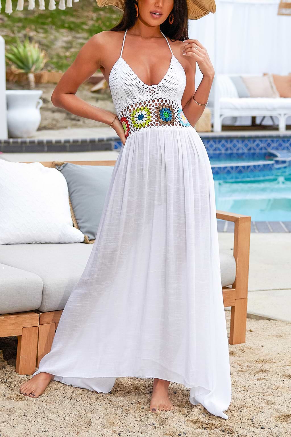 Gehäkeltes Maxi Coverup-Kleid mit Blumenmuster