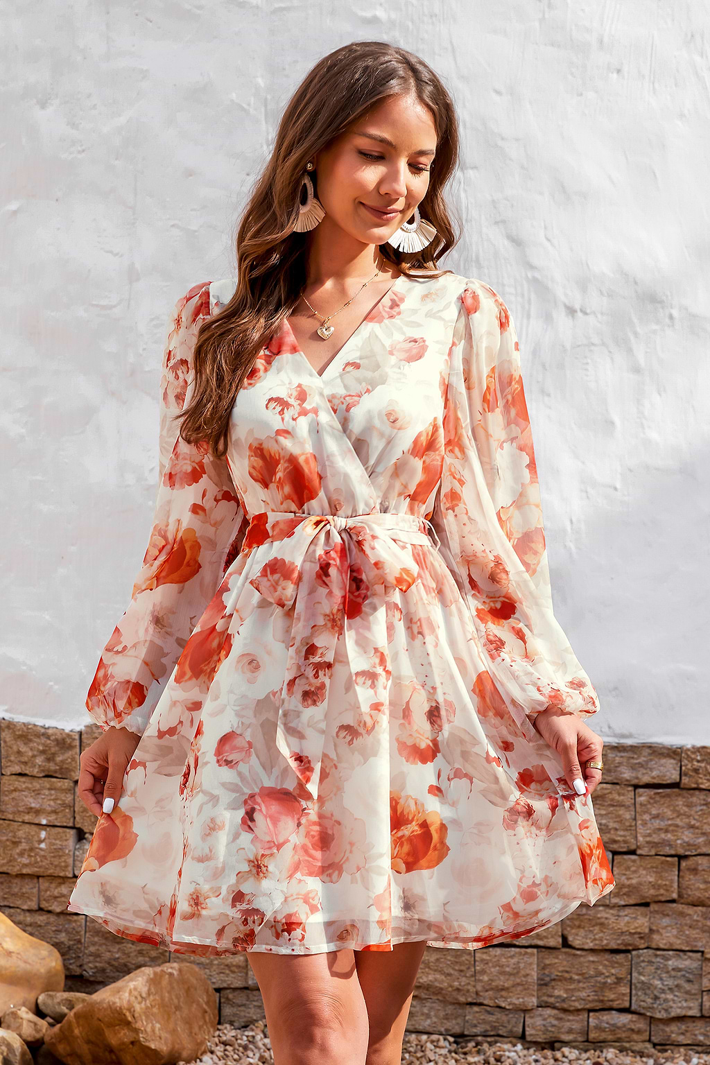 Cuddlr Bubble Sleeve Lace Up Floral Dress