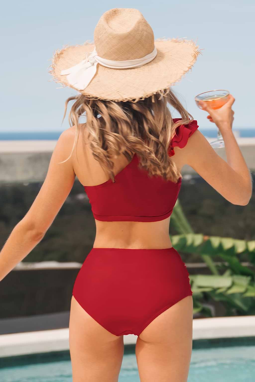 Ruffle One Shoulder and High Waist Bikini Set
