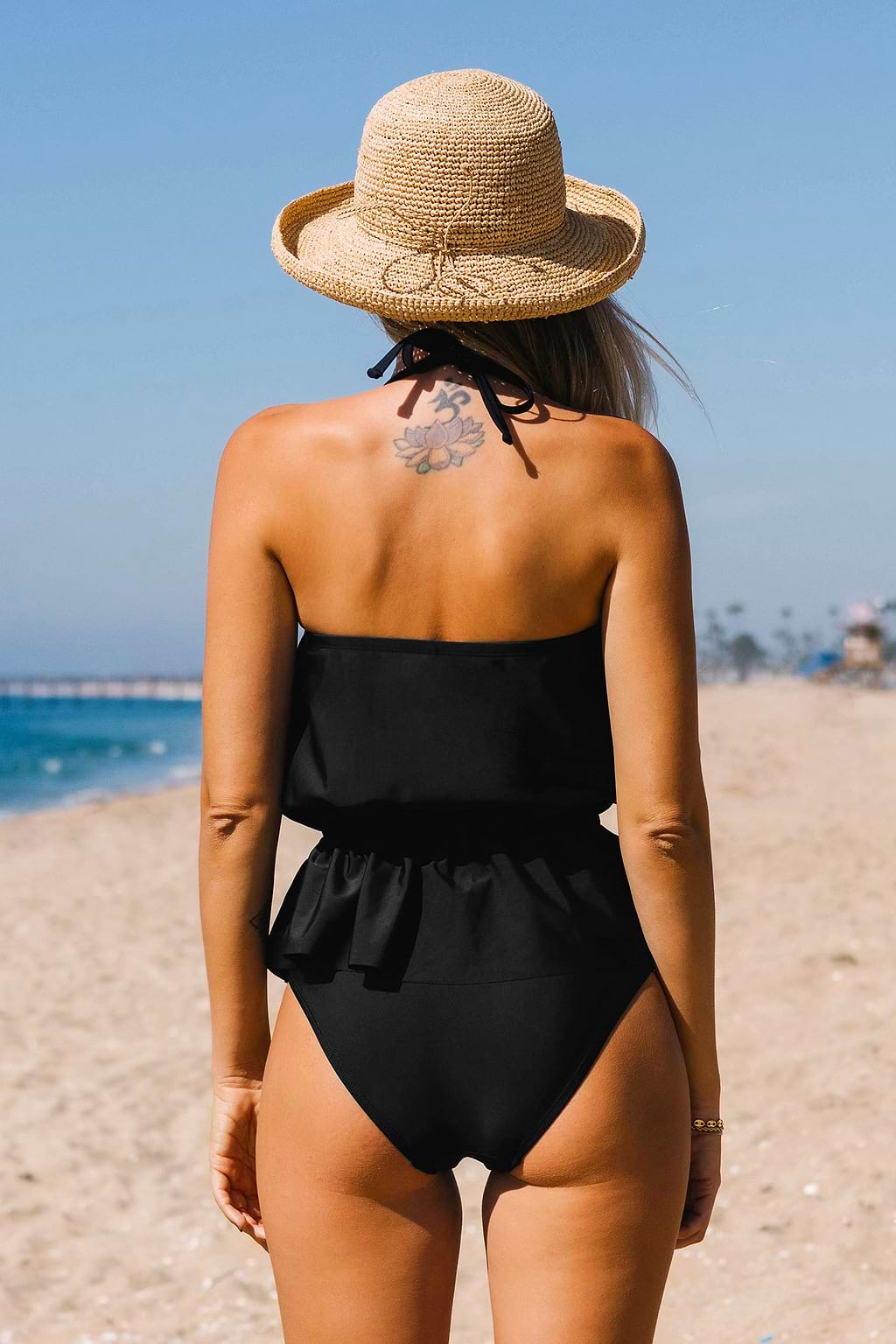 Tankini Halter Fruncido con Volantes y Bikini de Cintura Alta