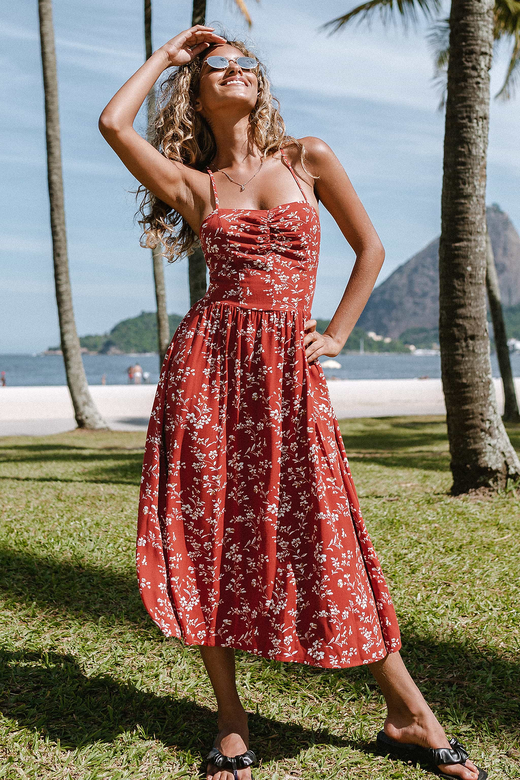 Bryana Ditsy Floral Ruched Lace-up Slip Dress