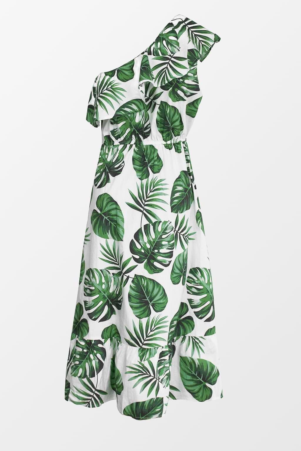 Vestido Violeta Tropical con Olanes y de Un Hombro