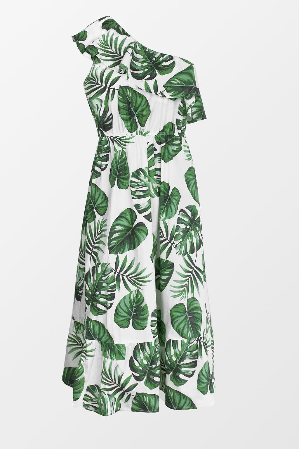 Vestido Violeta Tropical con Olanes y de Un Hombro