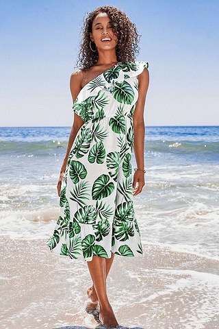 Violet Tropical One Shoulder Ruffle Dress-Cupshe UK