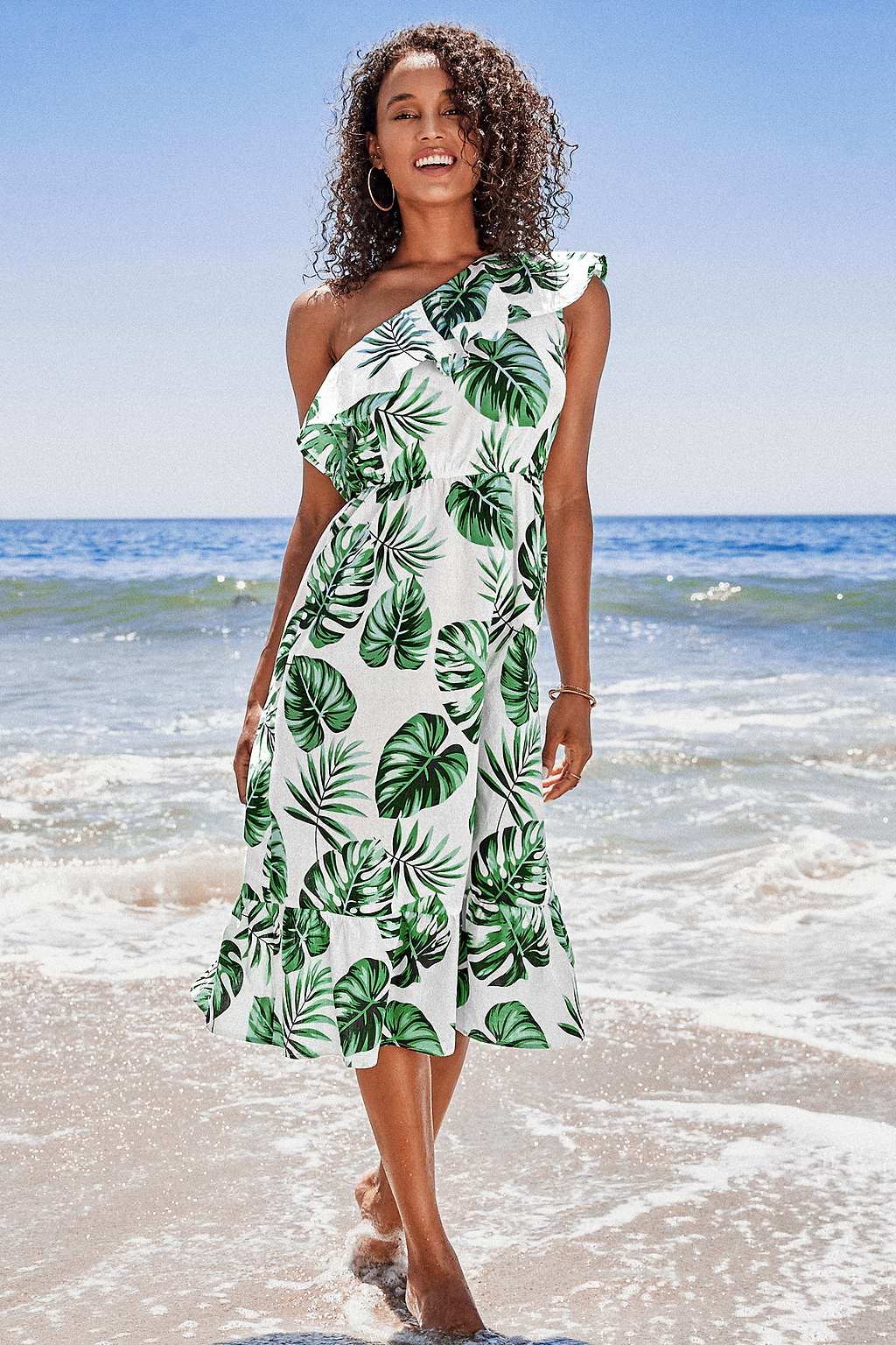 Violet Tropical One Shoulder Ruffle Dress