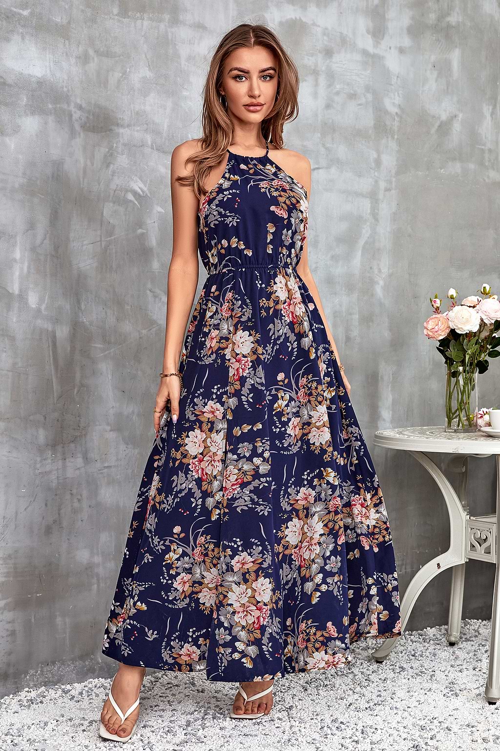 Floral Halter Neck Elastic Waist Slip Dress